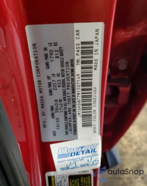 2021 Mazda Cx-3 Sport z USA, uszkodzony, nr VIN JM1DKDB77M1507149